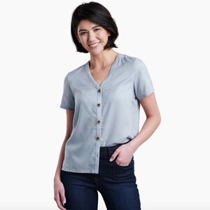 Kuhl Hadley Tencel Button Front V-Neck Short Sleeve Top in Light Blue Mist Sz XS